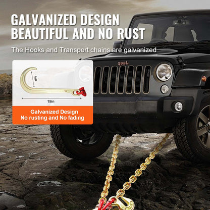 G80 V-kätting, 5/16" x 2' bogserkätting med 15" J-krokar och gripkrokar, dragkätting för kraftig transport med 10800 lbs säker arbetsbelastning för bärgning av lastbilar med plattbädd