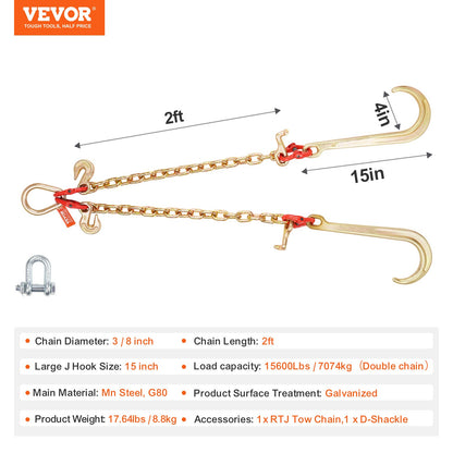 G80 V-kätting, 3/8" x 2' bogserkätting med 15" J-krokar, T-krokar och gripkrokar, dragkätting för kraftig transport med 7800 lbs säker arbetslast för bärgning av plattbäddslastbilar
