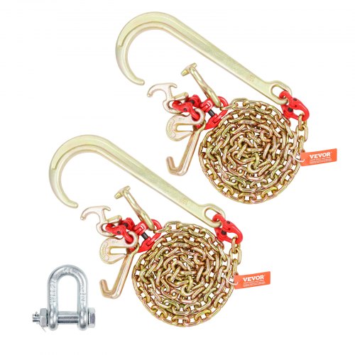 J-krokkedja, 2 st 5/16" x 6' G80 15" lång skaft J-krok dragkedja med RTJ klusterkrok och gripkrok, 5400 lbs arbetsbelastning, tung transportkätting för bogsering av släpvagnar