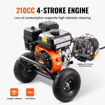 Gasdriven högtryckstvätt, 3500 PSI 10L/min, 2.6 GPM bensindriven högtryckstvätt med aluminiumpump, sprutpistol och förlängningsstav, 5-munstyckssats, för bilar, staket, hem, uppfarter, uteplatser, möbler