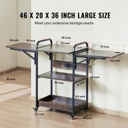 Värmepressbord med laddningsstation, flyttbart värmepressstativ i 3 nivåer, hopfällbart stativ för värmeöverföringsmaskin med hjul, rullande metallarbetsbänk för sublimeringsöverföringsmaskin, brun