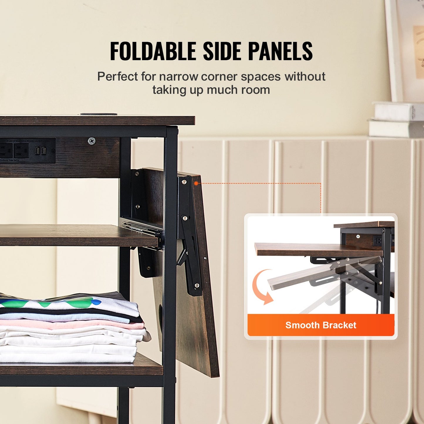 Värmepressbord med laddningsstation, flyttbart värmepressstativ i 4 nivåer, hopfällbart stativ för värmeöverföringsmaskin med hjul, rullande metallarbetsbänk för sublimeringsöverföringsmaskin, brun