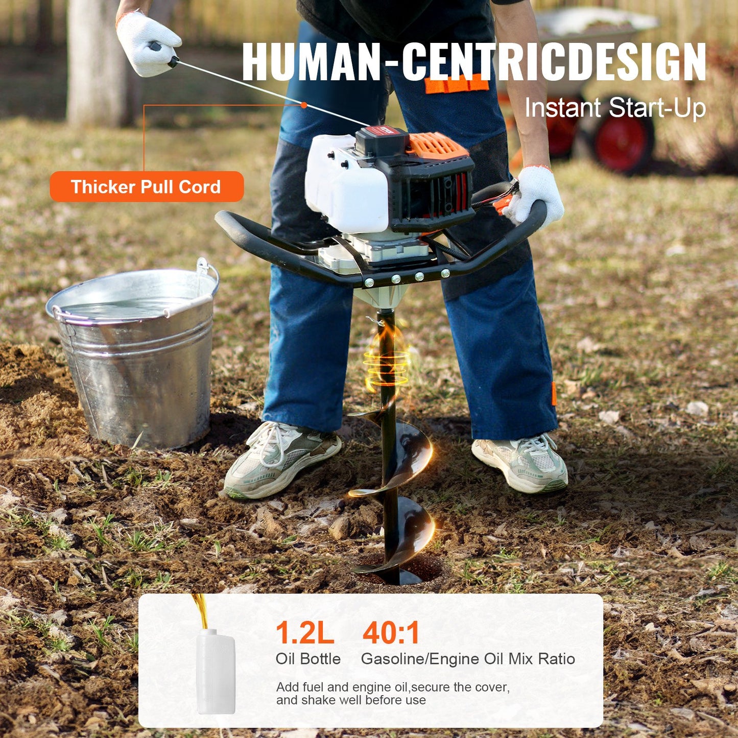 Stolphålsgrävare bensindriven, 52cc 1450W jordborr, bensindriven jordborr med 6” och 10” borrbits och 3 förlängningsstänger, stolphålsgrävare för jordbruksträdgårdsväxter, orange+svart