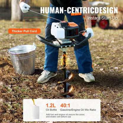 Stolphålsgrävare bensindriven, 52cc 1450W jordborr, bensindriven jordborr med 6” och 10” borrbits och 3 förlängningsstänger, stolphålsgrävare för jordbruksträdgårdsväxter, orange+svart