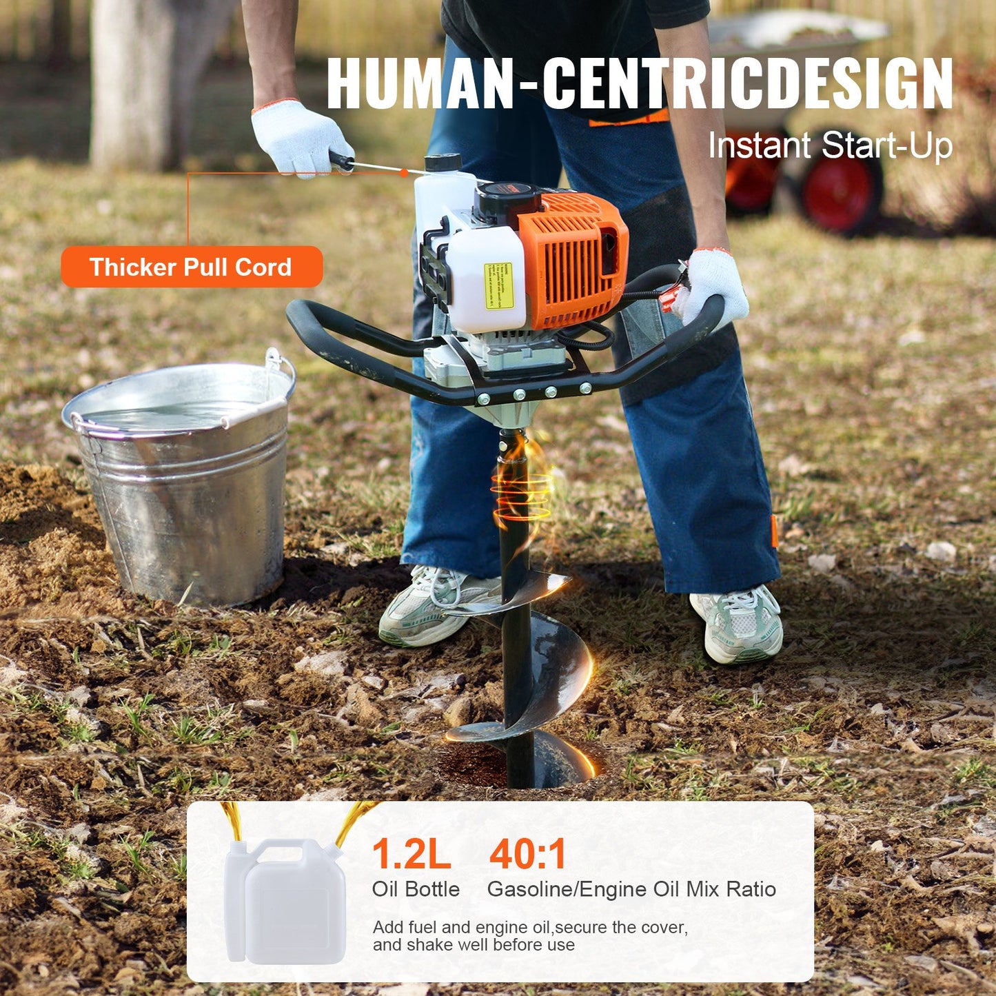 Bensindriven hålgrävare för stolpar 63CC 2400W med 20,3 cm borr och 1 förlängningsstång