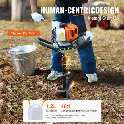 Bensindriven hålgrävare för stolpar 63CC 2400W med 20,3 cm borr och 1 förlängningsstång