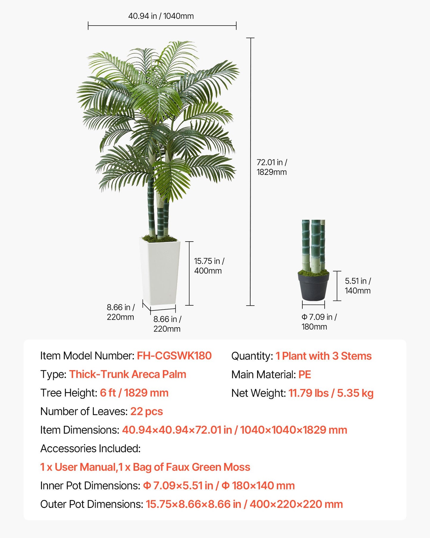 Konstgjord Arecapalm 1829 mm, Konstgjord Palm Tropiska Växter med Vit Hög Kruka, Konstgjord Golvsilkesväxt i Kruka, Stora Träd för Hemmakontor Vardagsrumsinredning Inflyttningsrum, Inomhus Utomhus