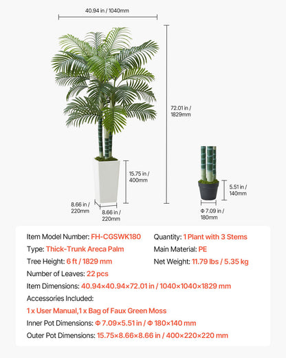 Konstgjord Arecapalm 1829 mm, Konstgjord Palm Tropiska Växter med Vit Hög Kruka, Konstgjord Golvsilkesväxt i Kruka, Stora Träd för Hemmakontor Vardagsrumsinredning Inflyttningsrum, Inomhus Utomhus