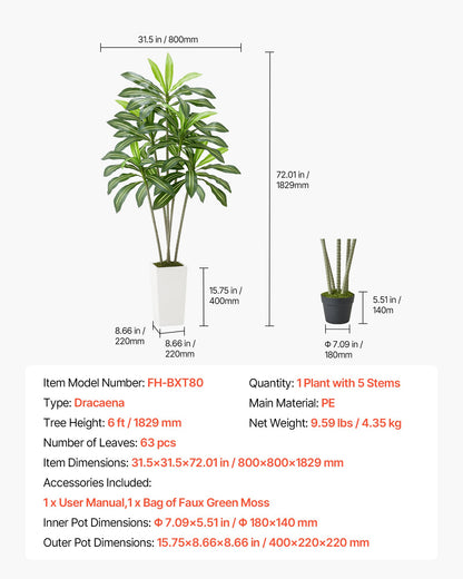 Konstgjord dracaenaträd 1829 mm, Konstgjord palm tropiska växter med vit hög kruka, Konstgjord golvsilkesväxt i kruka, Stora träd för hemmakontor vardagsrumsdekor inflyttningsrum, inomhus utomhus
