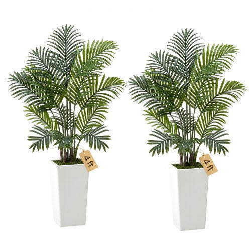 Konstgjord Arekapalm 1219 mm, 2-pack konstgjord palm tropiska växter med vit hög kruka, konstgjord golvsilkesväxt i kruka, stort träd för hemmakontor vardagsrumsinredning, inflyttningsbar, inomhus utomhus