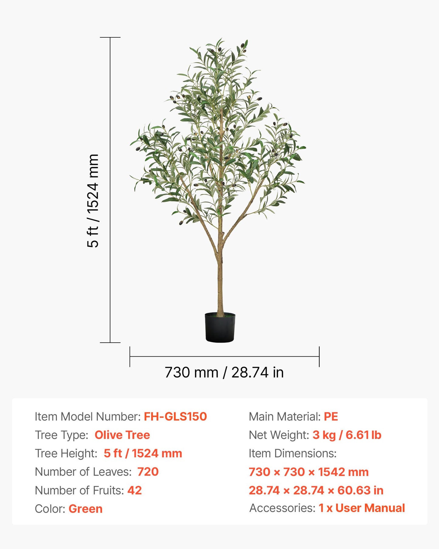 150 cm konstgjort olivträd med svart kruka, högt konstgjort träd med naturlig trästam och realistiska gröna blad och frukter, konstgjord inomhusväxt för hem, kontor, vardagsrum, hörndekor