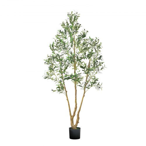 210 cm konstgjort olivträd med svart kruka, högt konstgjort träd med naturlig trästam och realistiska gröna blad och frukter, konstgjord inomhusväxt för hem, kontor, vardagsrum, hörndekor