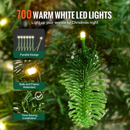 Julgran, 2,1 m förbelyst konstgjord julgran, hel julgran med 700 varmvita LED-lampor, 1319 grenar, metallbas för hemmafest och kontorsdekoration