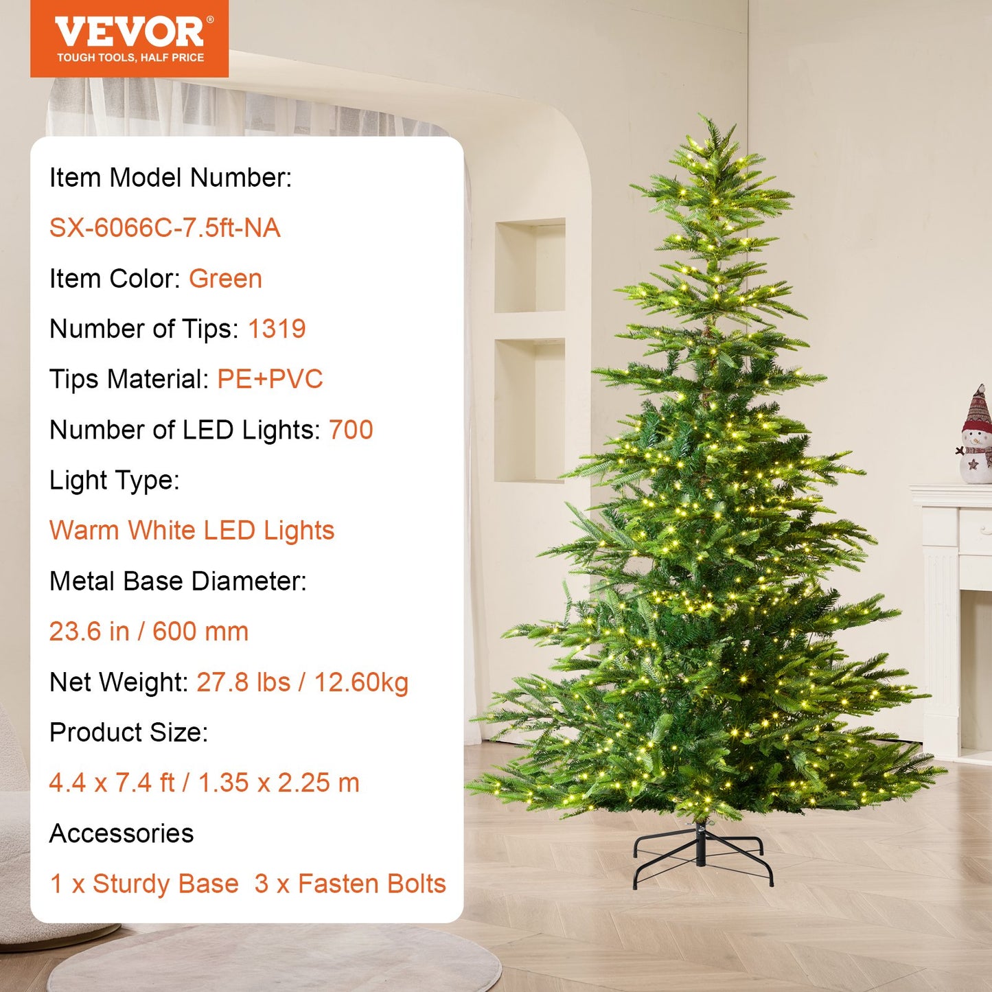 Julgran, 2,1 m förbelyst konstgjord julgran, hel julgran med 700 varmvita LED-lampor, 1319 grenar, metallbas för hemmafest och kontorsdekoration