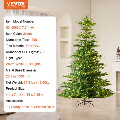 Julgran, 2,1 m förbelyst konstgjord julgran, hel julgran med 700 varmvita LED-lampor, 1319 grenar, metallbas för hemmafest och kontorsdekoration