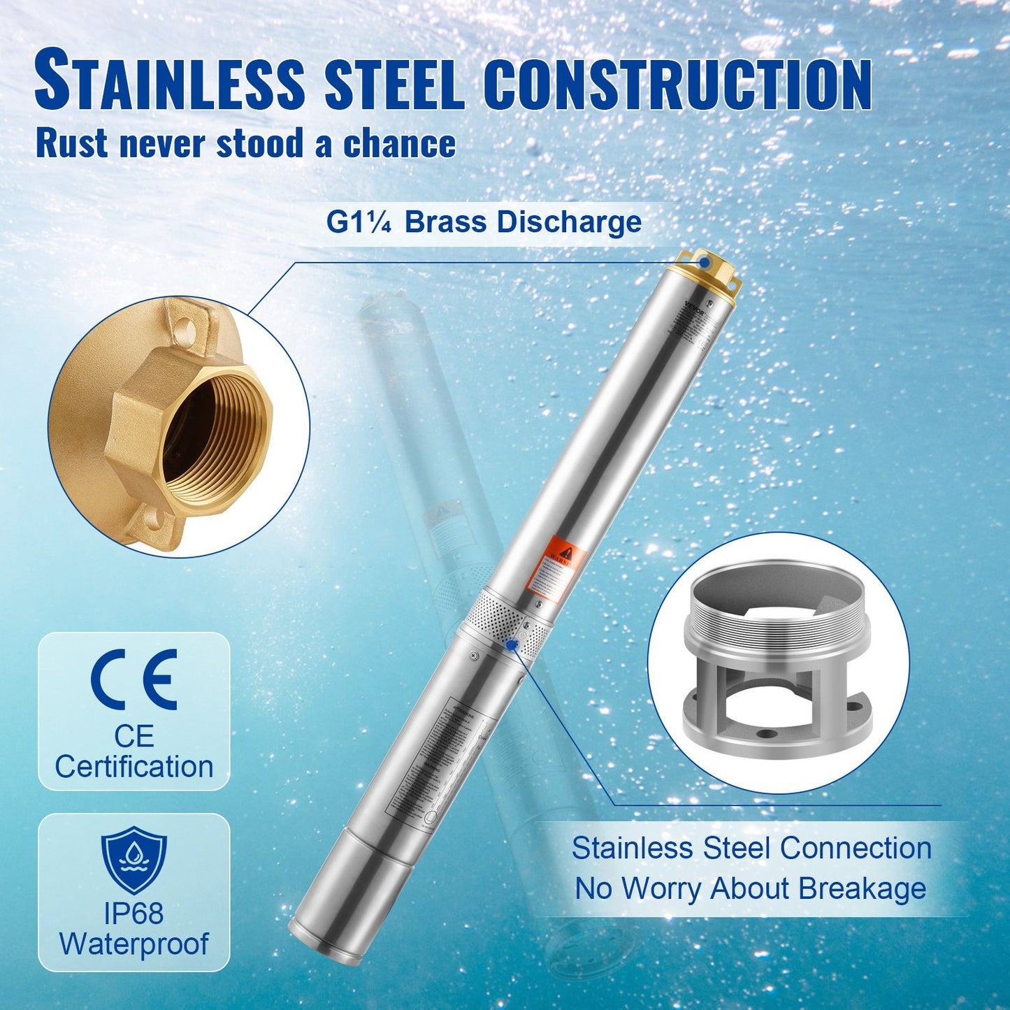 Dränkbar djupbrunnspump, 750W 230V 60Hz, 7,1 m³/h maxflöde 75 m maxtryck, med 9,1 m elsladd, vattenpump i rostfritt stål för industriellt bruk, bevattning och hemmabruk, IP68 vattentät klass