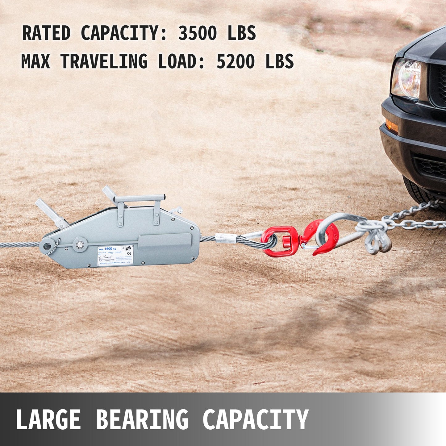 Wire Rope Puller 1.6T/1587.6 kg Capacity Hand Winch Rope 2499.4 cm Grip Puller Manual Wire Rope Puller Heavy Duty Wire Rope Grip Puller Hoist Pulling Towing Equipment for Indoor and Outdoor Use