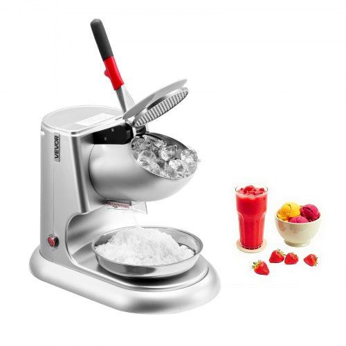 Iskrossmaskin, 100 kg per timme elektrisk snökonstillverkare med 4 blad, ismaskin i rostfritt stål med skål och lock, 300 W 2000 RPM israktor för hemmabruk och kommersiellt bruk, silver
