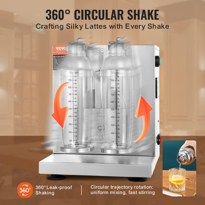 Milkshakemaskin, 120W kommersiell mjölkte-shaker, milkshake-mixer med dubbla huvuden, justerbar milkshake-mixer, 0-180s, med 1 l PC-kopp, för mjölkte-butik