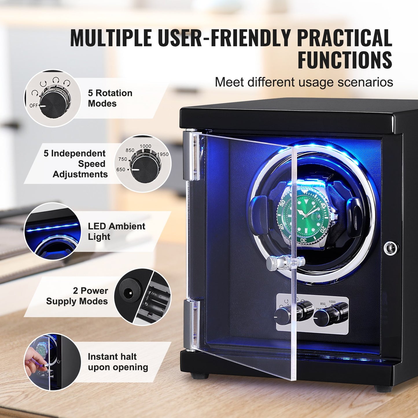 Klockuppdragare, enkel klockuppdragare för automatiska herr- och damklockor, med supertyst japansk Mabuchi-motor, blå LED-lampa och adapter, högdensitetskortsskal och svart PU