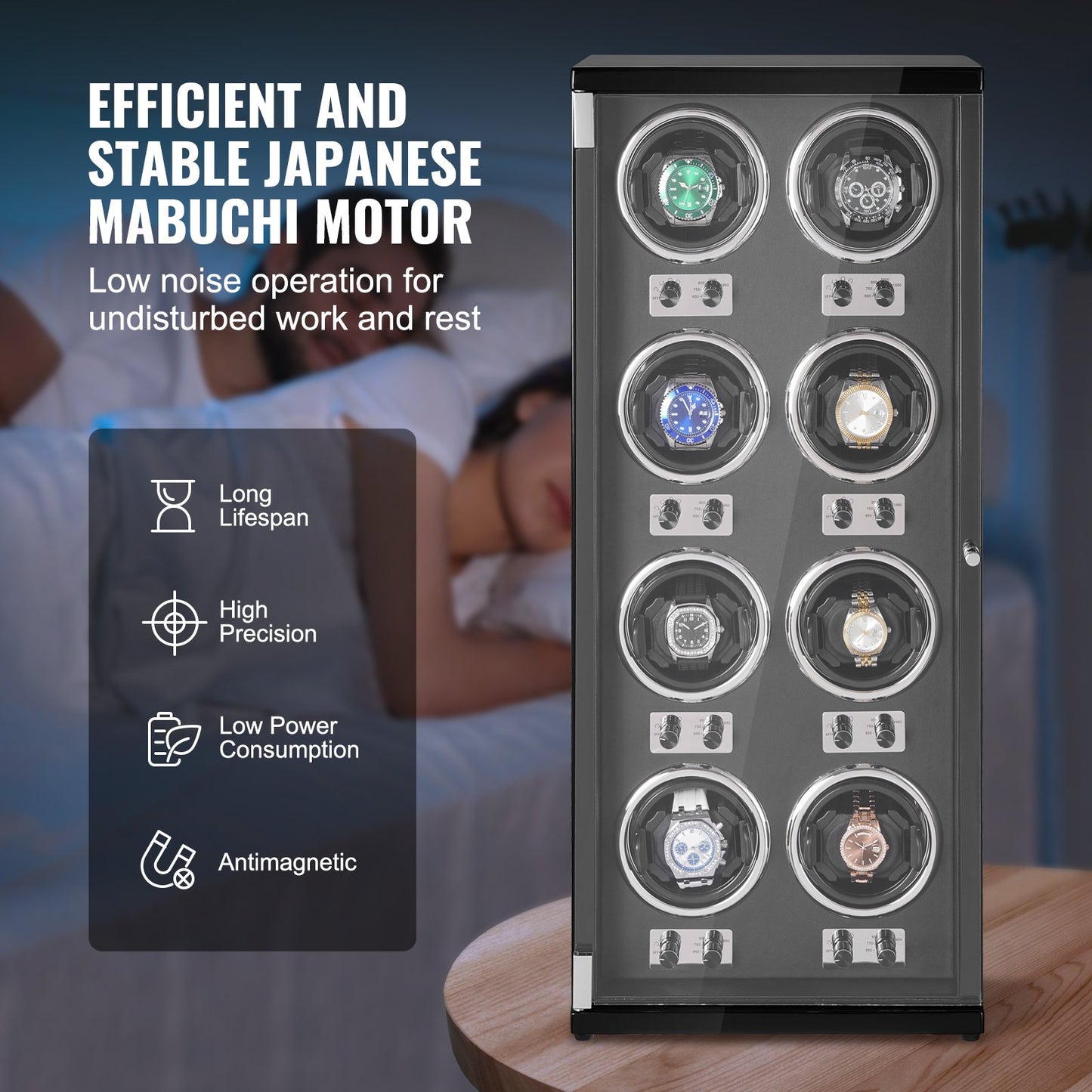 Klockuppdragare, klockuppdragare för 8 automatiska herr- och damklockor, med 8 supertysta japanska Mabuchi-motorer, blå LED-lampa och adapter, högdensitetskortsskal och svart PU