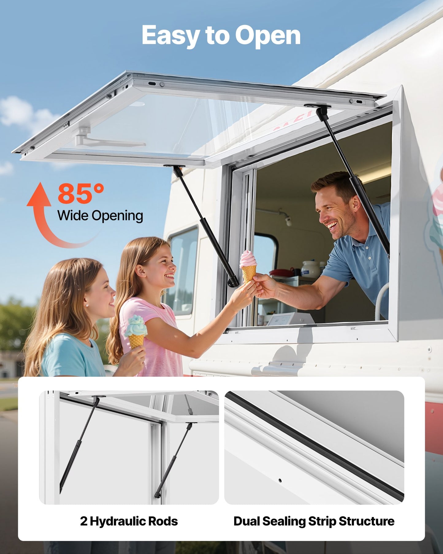 Koncessionsfönster 92x61 cm, servicefönster i aluminiumlegering för food truck, upp till 85 graders stående serveringfönster med 2 skjutbara fönster, markisdörr och dragkrok, för koncessionsvagnar