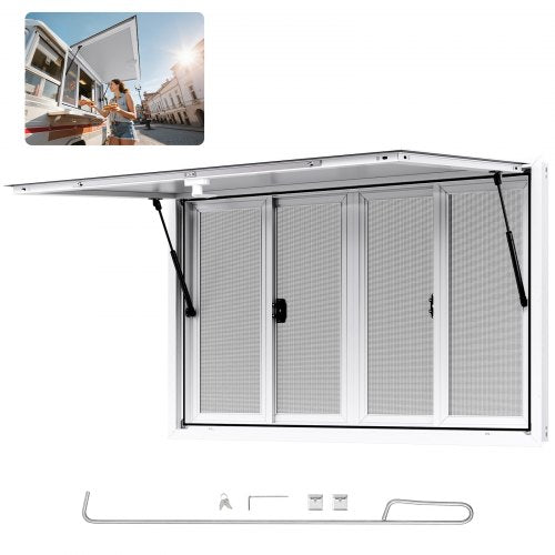 Koncessionsfönster 135x84 cm, servicefönster i aluminiumlegering för food truck, upp till 85 graders stående serveringfönster med 4 skjutbara fönster, markisdörr och dragkrok, för koncessionsvagnar