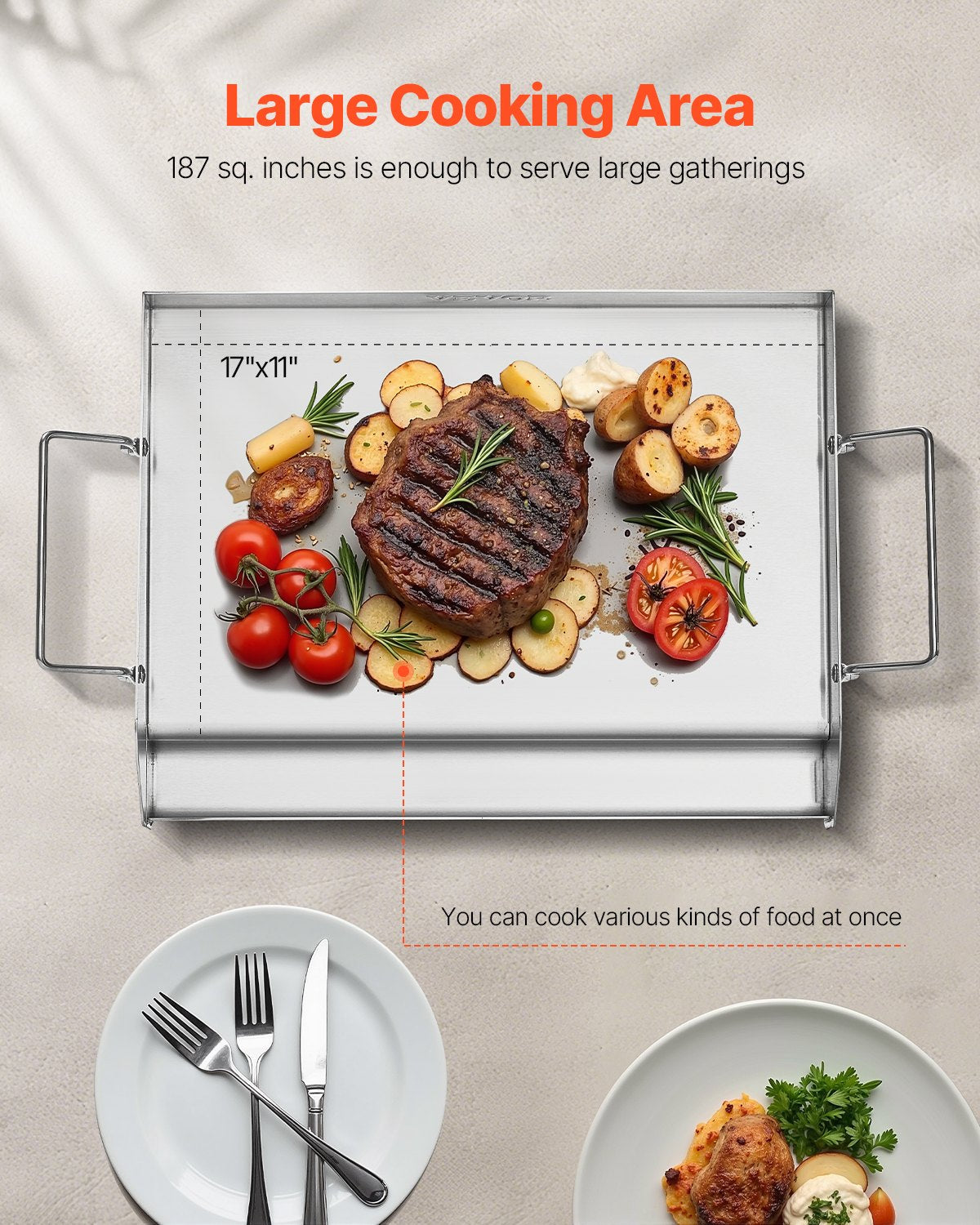 Stekplåt i rostfritt stål, 17x13 tum universal platt rektangulär platta, gasgrillstekplåt för BBQ-grill, Teppanyaki, bärbart familjeköksredskap med handtag, för camping, tailgating-fest