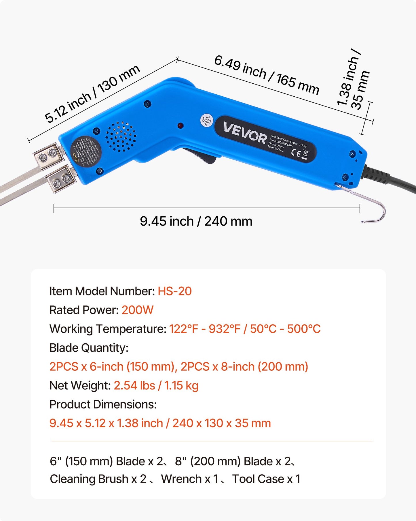 Skumskärare med het kniv, 200W elektriskt skumskärverktyg, 50℃ - 500℃ justerbar frigolitskärare med 150 mm och 200 mm skärblad för KT-skivor, polyeten, svamp, gummi - Verktygslåda ingår