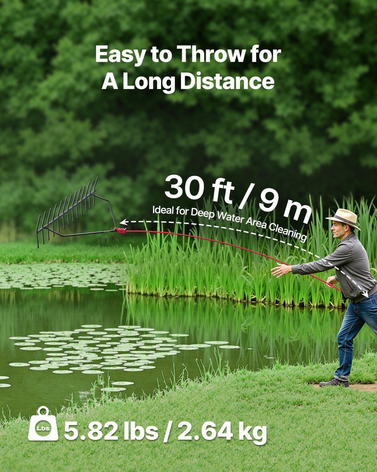 61 cm ogräskratta för vattenbruk, 22,5 cm dubbelsidig ogräskratta för sjöbruk, ogräsklippare för damm med 9 meter rep, förankringshål, ingen montering krävs, lättviktigt verktyg för rensning av gödselvatten för damm, sjö och bäck