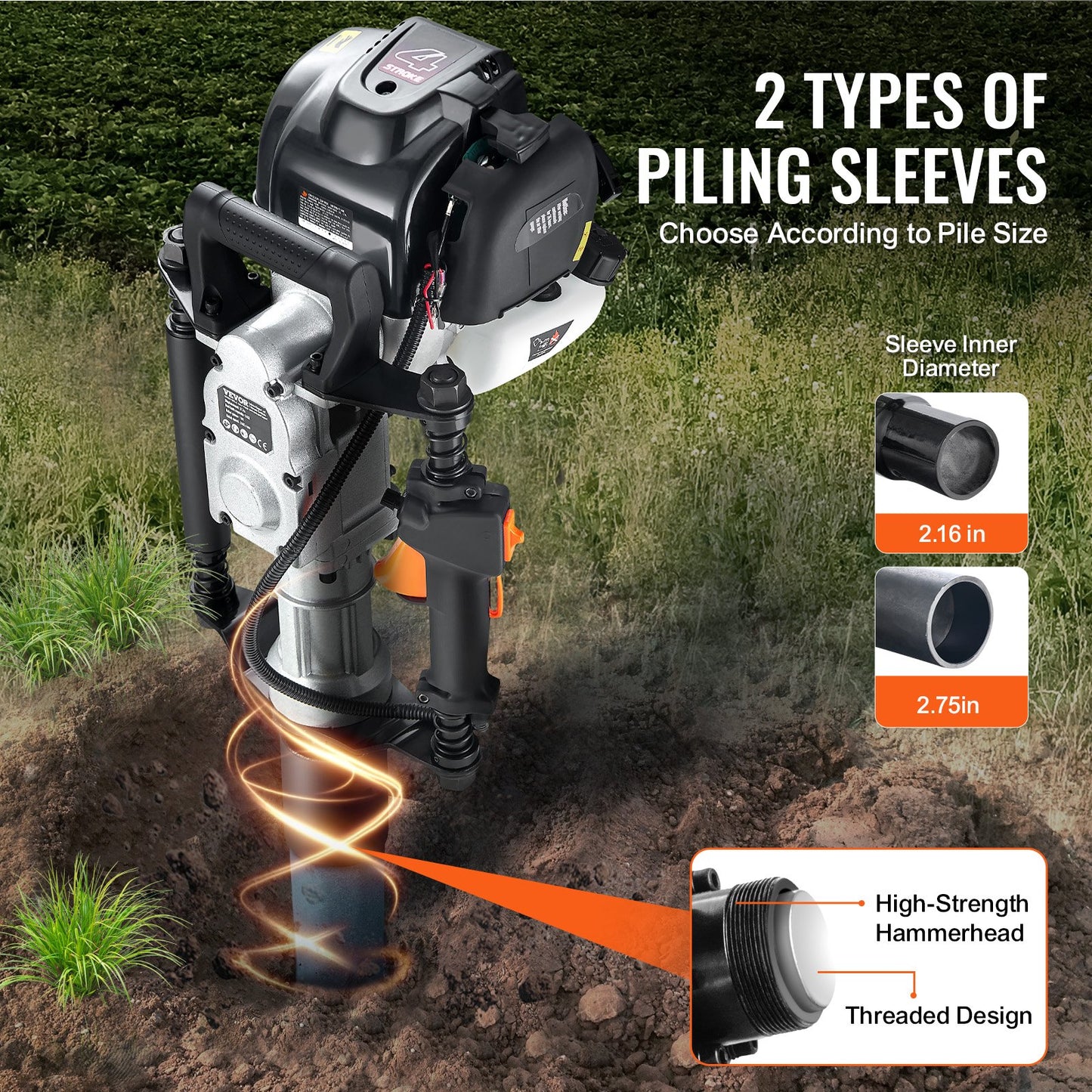 37.77cc Gas-Powered T Post Driver, 4-Stroke Engine Gasoline Fence Piling Pounder, with 2 Post Driving Head(55/70 mm) , 1000W Portable Piledriver For Farm, Ranch Fencing, Road Improvements