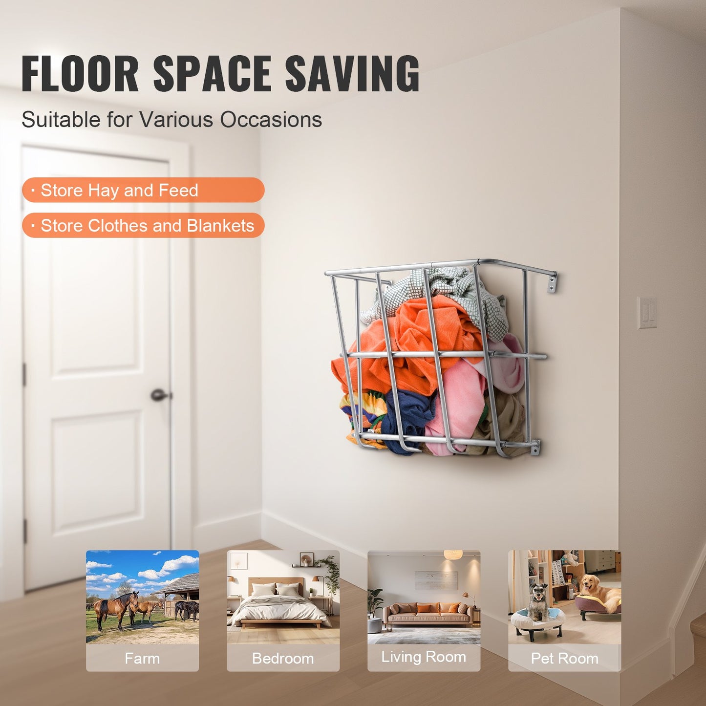 Höfoder för boskap, 74 liter stor kapacitet, kraftigt gethöställ i stål, 61 cm långt väggmonterat höställ för hästar, flersidigt foderställ för fårgårdar inomhus och utomhus