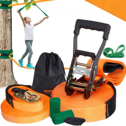 Slackline Kit with Training Line, 18.29 m Backyard Slack Line Equipment, Easy Setup Tight Rope for Kids Adults, Complete Slackline Set with Tree Protectors, Arm Trainer, Carry Bag, and Instruction