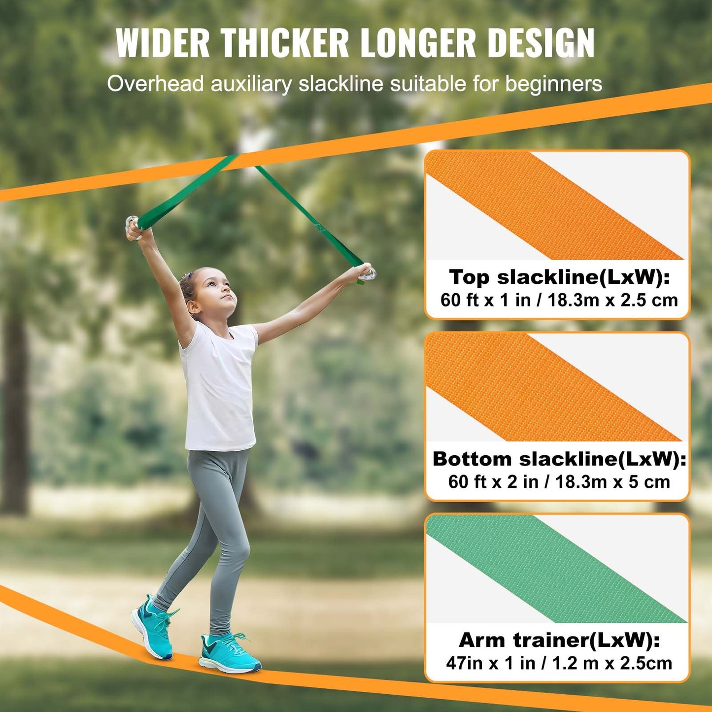 Slackline Kit with Training Line, 18.29 m Backyard Slack Line Equipment, Easy Setup Tight Rope for Kids Adults, Complete Slackline Set with Tree Protectors, Arm Trainer, Carry Bag, and Instruction