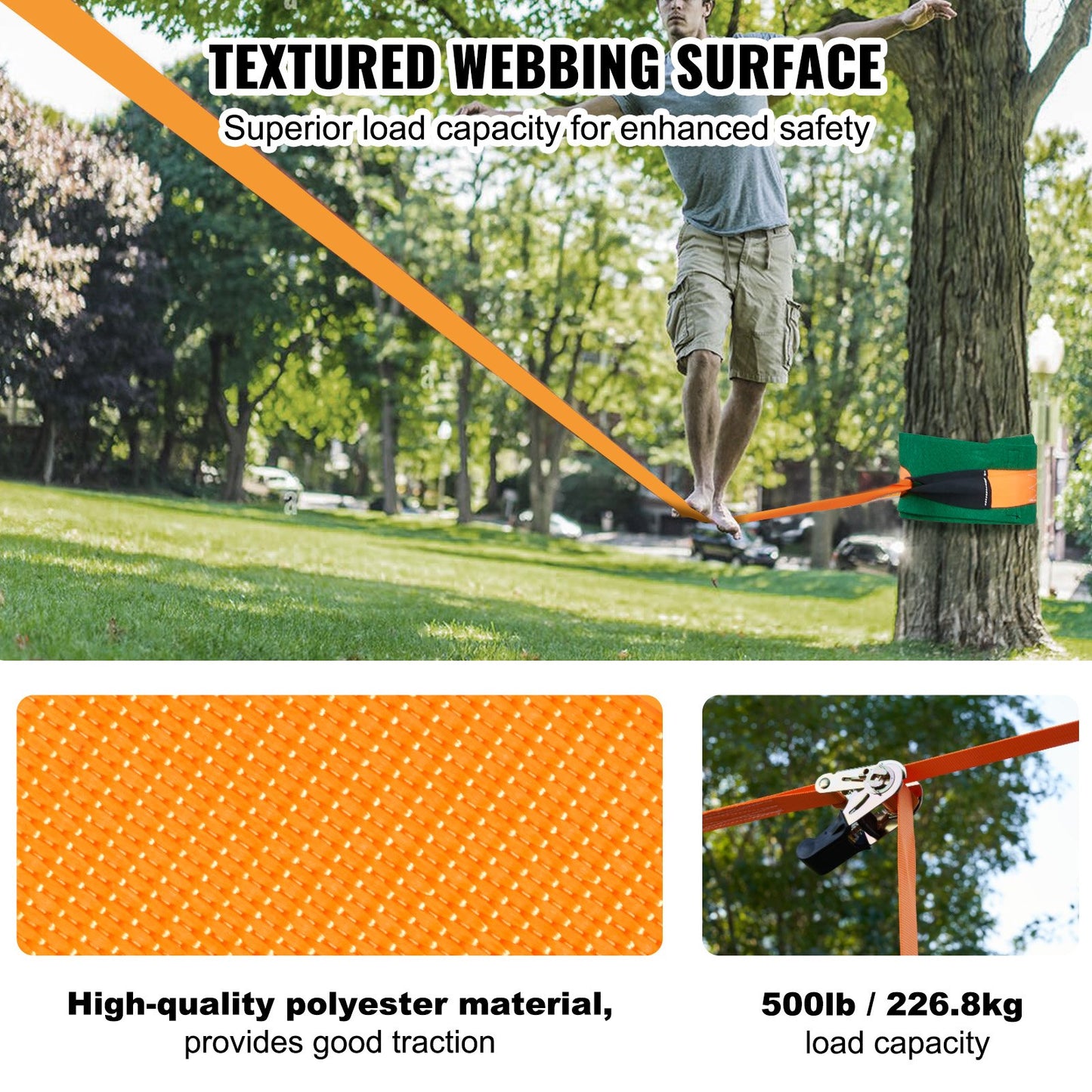Slackline Kit with Training Line, 18.29 m Backyard Slack Line Equipment, Easy Setup Tight Rope for Kids Adults, Complete Slackline Set with Tree Protectors, Arm Trainer, Carry Bag, and Instruction