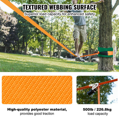 Slackline Kit with Training Line, 18.29 m Backyard Slack Line Equipment, Easy Setup Tight Rope for Kids Adults, Complete Slackline Set with Tree Protectors, Arm Trainer, Carry Bag, and Instruction