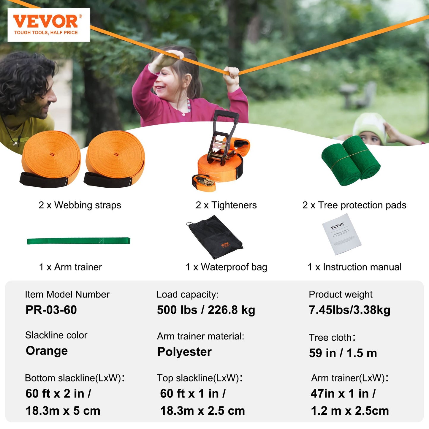 Slackline Kit with Training Line, 18.29 m Backyard Slack Line Equipment, Easy Setup Tight Rope for Kids Adults, Complete Slackline Set with Tree Protectors, Arm Trainer, Carry Bag, and Instruction