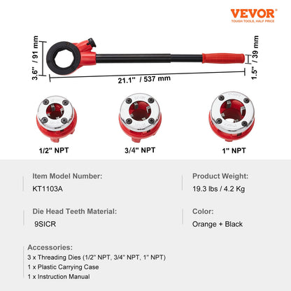 Ratchet Pipe Threader Kit, 1/2" NPT, 3/4" NPT, 1" NPT Manual Ratcheting Pipe Threader, Portable Pipe Threading Tool Set with 3PCS NPT Dies, Storage Case for Galvanized Aluminum Iron Copper Pipes