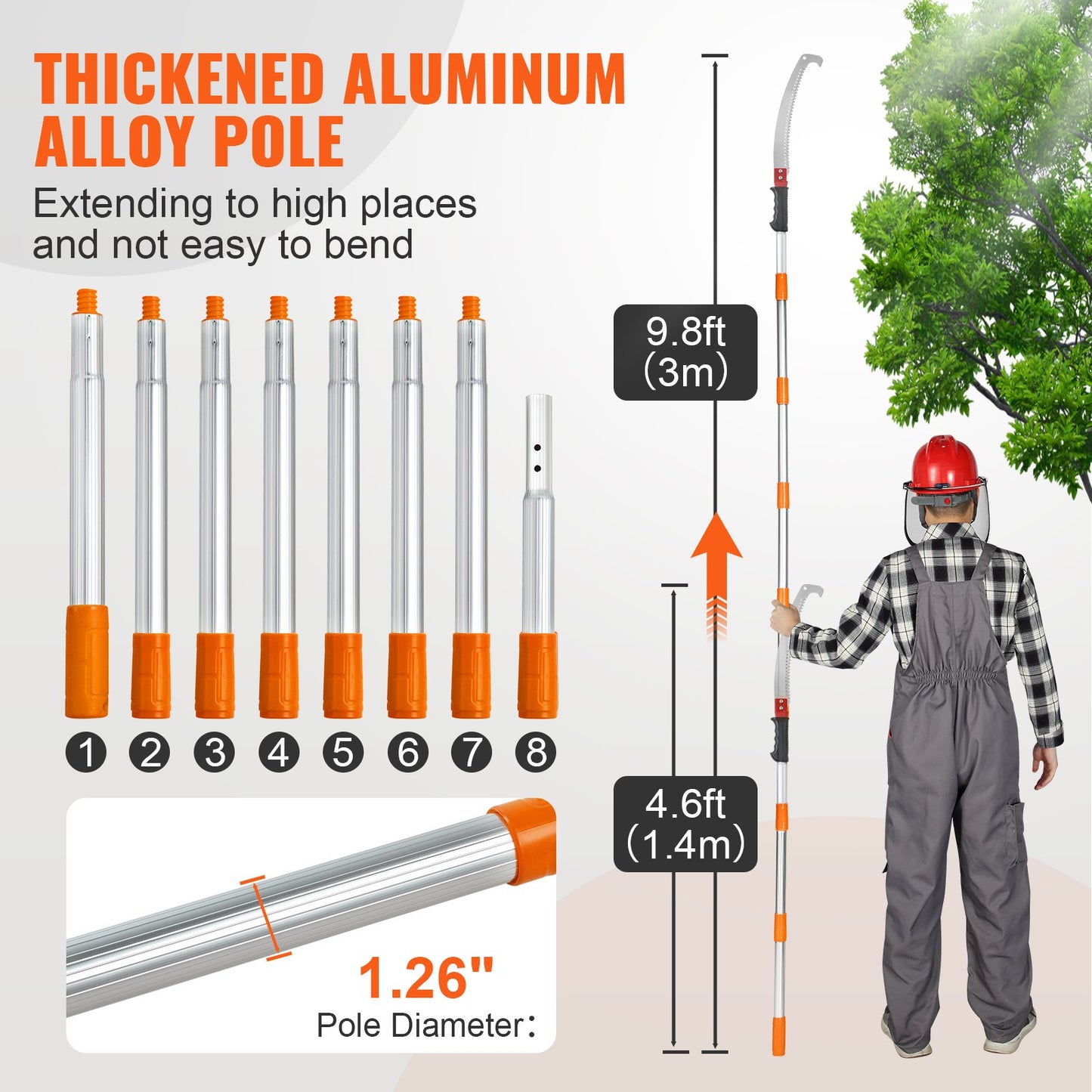 Manuell stångsåg, 1,2-2,7 m utdragbar trädsekatör, vasst stålblad för trimning av höga grenar, manuell grentrimmer med lättviktshandtag i aluminiumlegering, för beskärning av palmer och buskar
