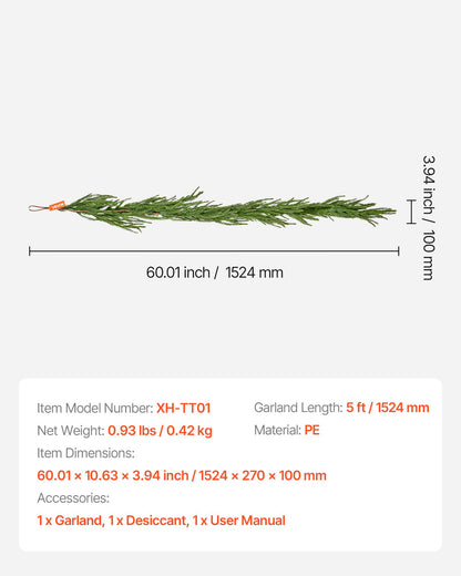 Julgirlang, 1524 mm realistisk girlang av Norfolkfuru, vintergröna konstgjorda girlanger med äkta touch, för juldekoration inomhus och utomhus på bord, spiselkrans och öppen spis