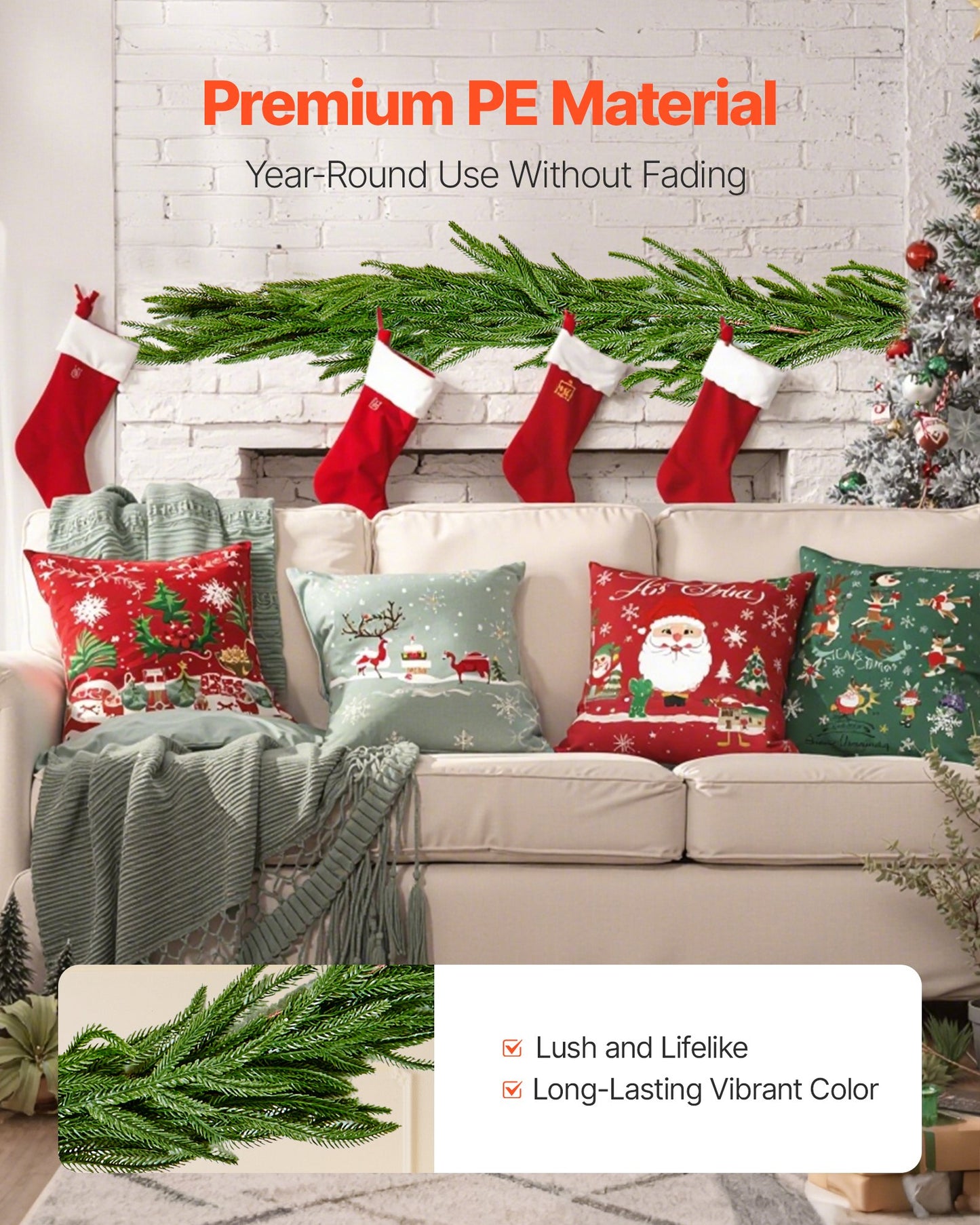 Julgirlang, 1828 mm realistisk girlang av norfolkfuru, vintergröna konstgjorda girlanger med äkta touch, för juldekoration inomhus och utomhus på bord, spiselkrans och öppen spis