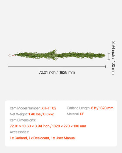 Julgirlang, 1828 mm realistisk girlang av norfolkfuru, vintergröna konstgjorda girlanger med äkta touch, för juldekoration inomhus och utomhus på bord, spiselkrans och öppen spis