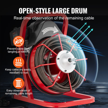 Avloppsrensningsmaskin 75FT x 1/2 tum, avloppsborr manuell matning, 370W elektrisk avloppsrensningsmaskin med 4 skärare och luftaktiverad fotpedal för 2" till 4" rör