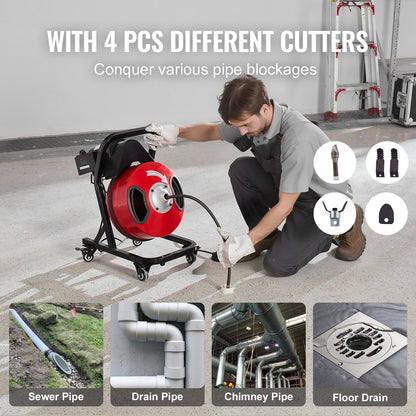 Avloppsrensningsmaskin 15,5 m x 1,25 m, manuell matning av avloppsborr - med hjul, 4 skärare och luftaktiverad fotpedal för rör på 5,5 till 10 cm