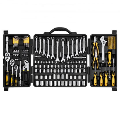 207-delars mekanikverktygssats, 1/4" 3/8" 1/2" hylsnyckel, SAE och metrisk mekanikverktygssats med bits, skiftnycklar, spärrhandtag, tillbehör och plastförvaringslåda, för bilreparationer