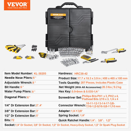 207-delars mekanikverktygssats, 1/4" 3/8" 1/2" hylsnyckel, SAE och metrisk mekanikverktygssats med bits, skiftnycklar, spärrhandtag, tillbehör och plastförvaringslåda, för bilreparationer