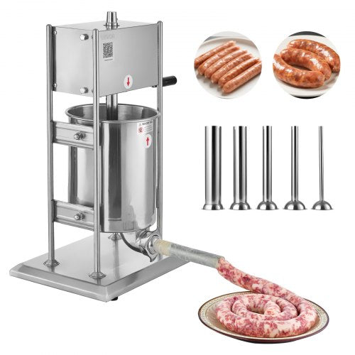 Manuell korvfyllare, 10 liters vertikal köttfyllare, korvfyllningsmaskin med dubbla hastigheter, kraftig fyllare i rostfritt stål med 5 fyllningsrör, för kommersiellt och hemmabruk