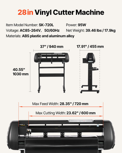 Vinylskärmaskin, 720 mm max matningsbredd, dubbla blad, justerbar kraft och hastighet, LED-display, vinylplotterskärare, skrivarpaket med klistermärkesark, transferfilm, Signmaster-programvara