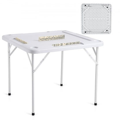 Mahjongbord, fyrkantigt hopfällbart kortbord för 4 spelare med 4 mugghållare och 4 markerbrickor, bärbart dominospelbord med 1 uppsättning dominobrickor för Mahjong-pokerpussel, 35,4 x 35,4 tum, vitt