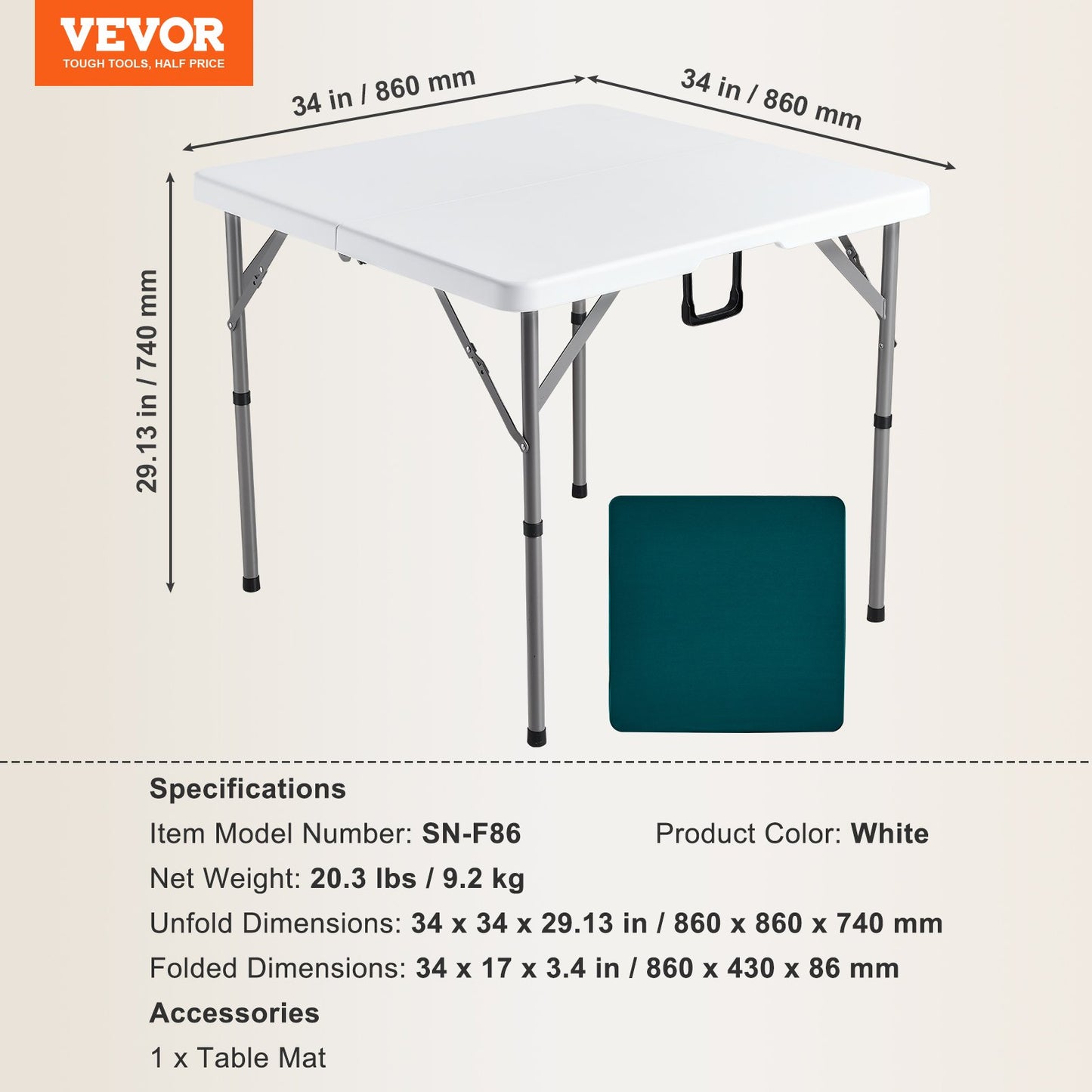 Mahjong Table, Fold-in-Half 4 Player Card Table with Wear-Resistant Green Tabletop, Portable Bi-Folding Square Domino Table with Carrying Handle for Outdoor Camping Picnic Party, 34 x 34-inch